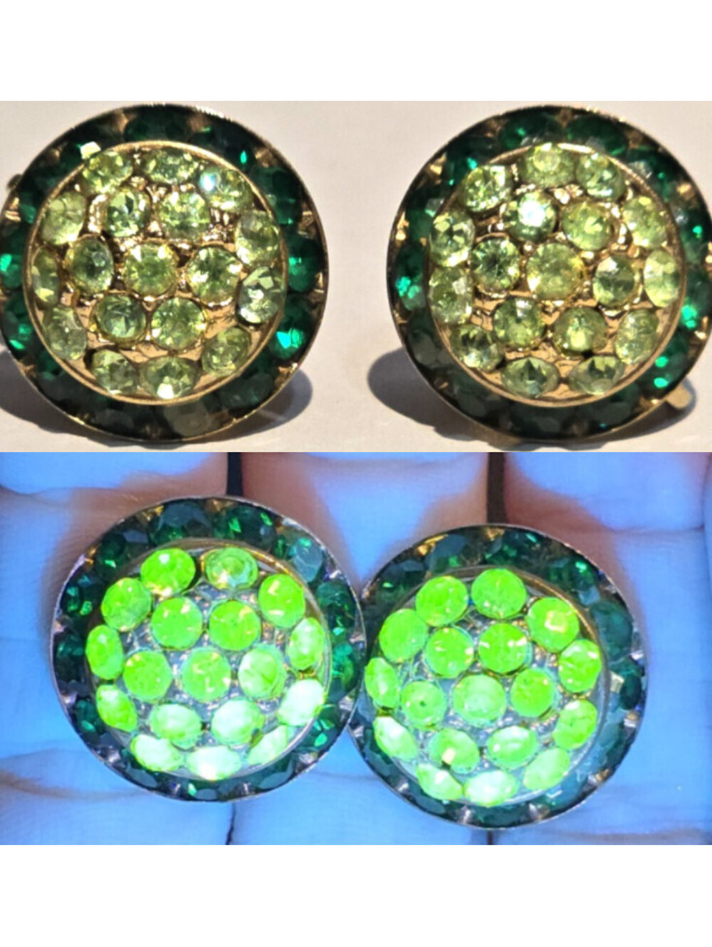 Vintage Coro Uranium Glass Rhinestone Dome Clip Earrings Screw Back
